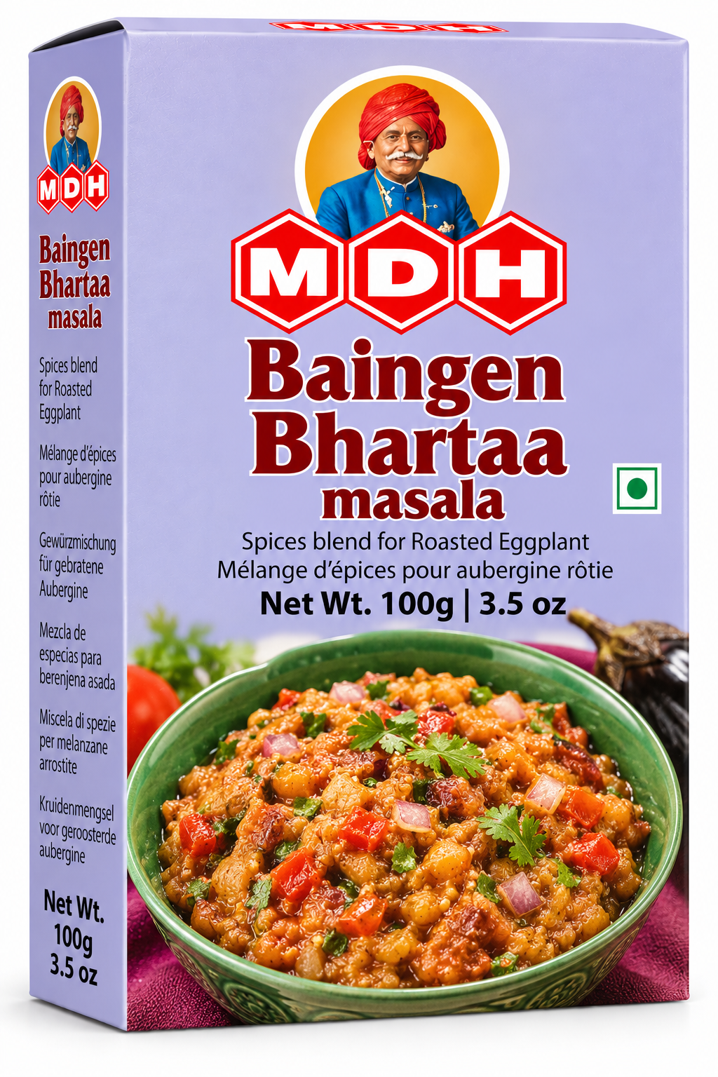 MDH Baingen Bhartaa Masala 100g spice packet featuring light purple packaging, red MDH branding, and a photograph of roasted eggplant curry garnished with tomatoes, onions, and fresh coriander.