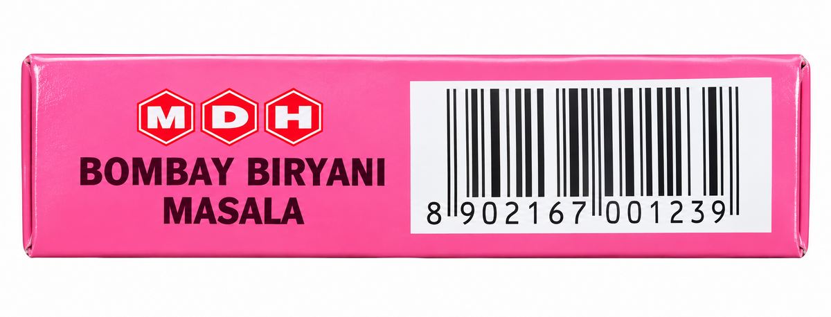 MDH Bombay Biryani Masala 100g box showing the side panel and barcode.