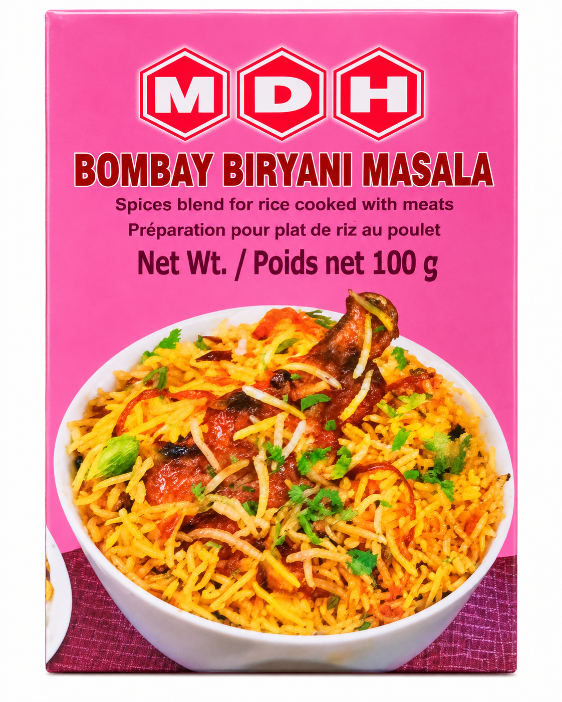 MDH Bombay Biryani Masala 100g front packaging with a bowl of biryani.
