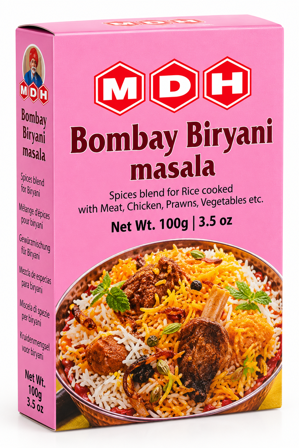 MDH Bombay Biryani Masala 100g spice packet featuring pink packaging, red MDH branding, and a photograph of aromatic biryani rice garnished with spices and herbs.
