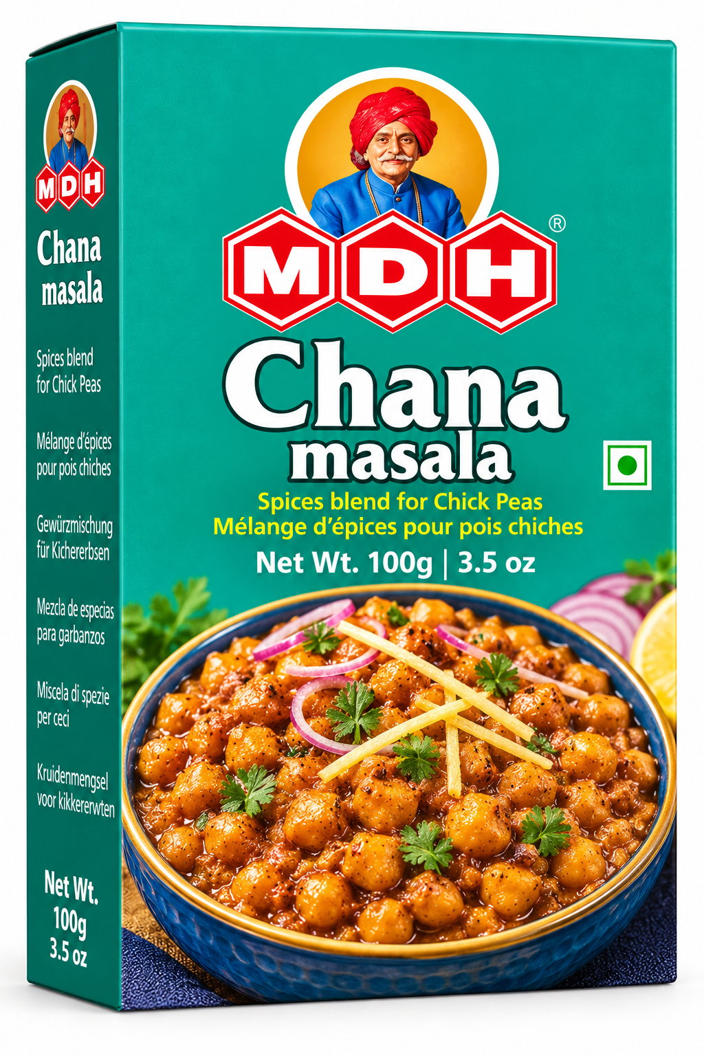 MDH Chana Masala 100g spice packet featuring teal-green packaging, red MDH branding, and a photograph of spicy chickpea curry garnished with fresh coriander, sliced red onion, and ginger