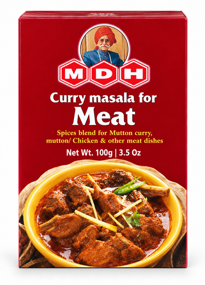 MDH Curry Masala for Meat 100g spice blend packet in red packaging, designed for preparing flavorful Indian mutton curry, chicken curry, and other meat dishes.
