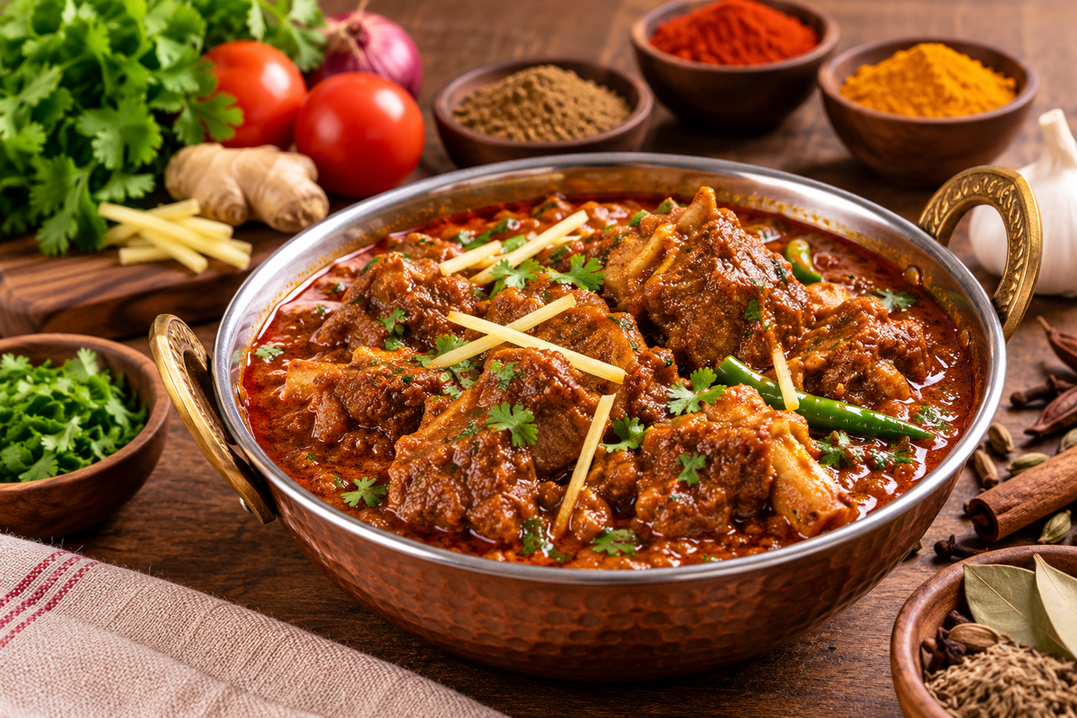 Rich Indian meat curry prepared with MDH Curry Masala, featuring tender meat pieces in a spicy red-brown gravy garnished with fresh coriander and ginger, served in a traditional metal bowl with Indian spices and fresh ingredients in the background.