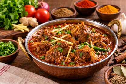 Rich Indian meat curry prepared with MDH Curry Masala, featuring tender meat pieces in a spicy red-brown gravy garnished with fresh coriander and ginger, served in a traditional metal bowl with Indian spices and fresh ingredients in the background.
