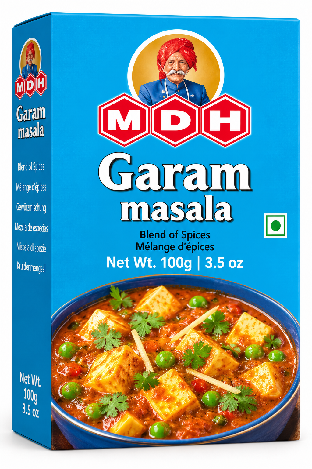 MDH Garam Masala 100g spice packet featuring bright blue packaging, red MDH branding, a traditional spice blend label, and a photograph of Indian curry garnished with paneer, green peas, and fresh coriander.