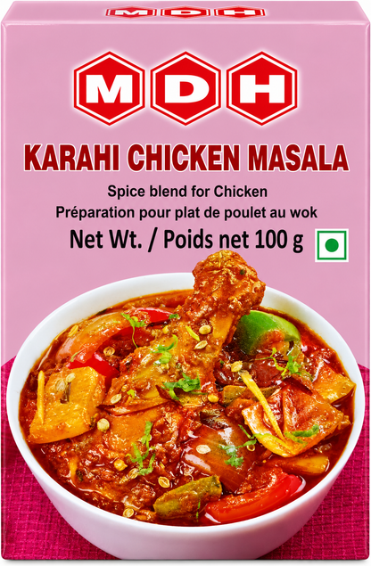 MDH Karahi Chicken Masala 100g pink spice blend box featuring traditional Indian seasoning for chicken, with MDH branding, Karahi Chicken Masala label, vegetarian symbol and serving suggestion showing a rich spiced chicken curry