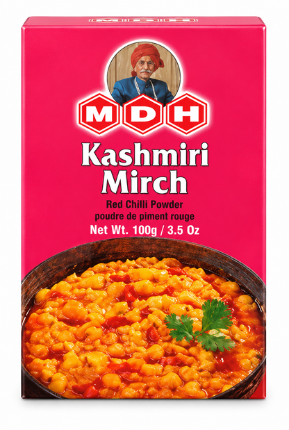 MDH Kashmiri Mirch Red Chilli Powder 100g spice packet for adding vibrant red color and chilli flavor to Indian dishes.