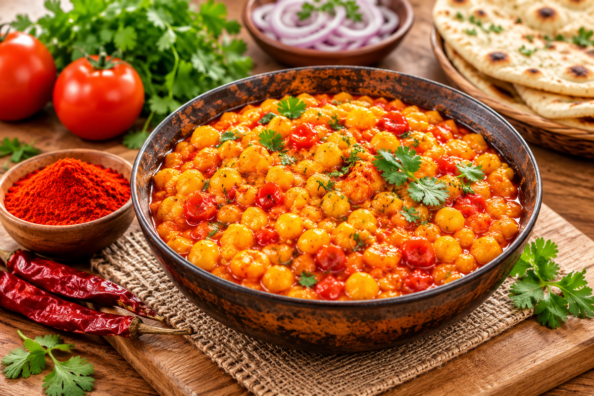 Red Kashmiri chilli powder in a bowl with dried red chillies, shown alongside a traditional Indian curry and fresh coriander.