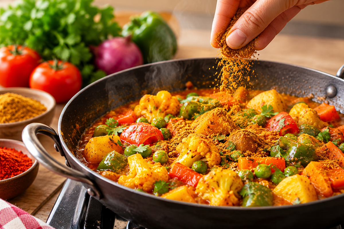 Homemade mixed vegetable curry with potatoes, peas, cauliflower and bell peppers, seasoned with MDH Kitchen King Masala spice blend for a flavorful Indian-style dish.