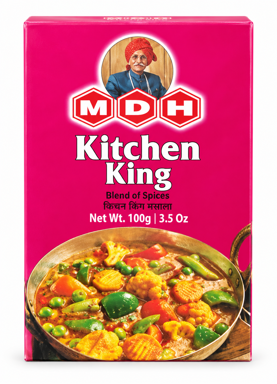 MDH Kitchen King Masala 100g spice blend packet with pink packaging, featuring a mixed vegetable curry image, ideal for adding flavor and aroma to Indian vegetable dishes.