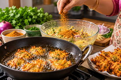 Homemade Indian pakoras frying in hot oil in a black pan, with a bowl of seasoned batter, chopped onions, fresh coriander, and spices in the background. The scene shows the preparation of crispy golden pakoras using MDH Pakora Masala, a spice blend for Indian fried lentil fritters and savory snacks.