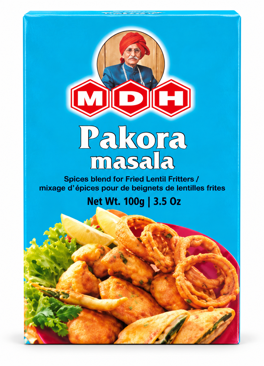 MDH Pakora Masala 100g spice blend packet in bright blue packaging, featuring the MDH logo and images of crispy golden Indian pakoras, fritters, and onion rings. A seasoning mix for preparing flavorful Indian fried snacks.