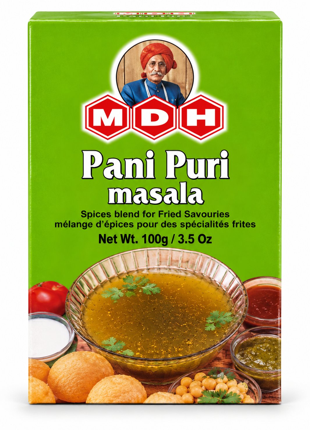 MDH Pani Puri Masala 100g spice blend packet in bright green packaging, featuring the MDH logo and an image of tangy pani puri water with crispy puris and chutneys. A seasoning blend for preparing flavorful Indian pani puri and street-food snacks.