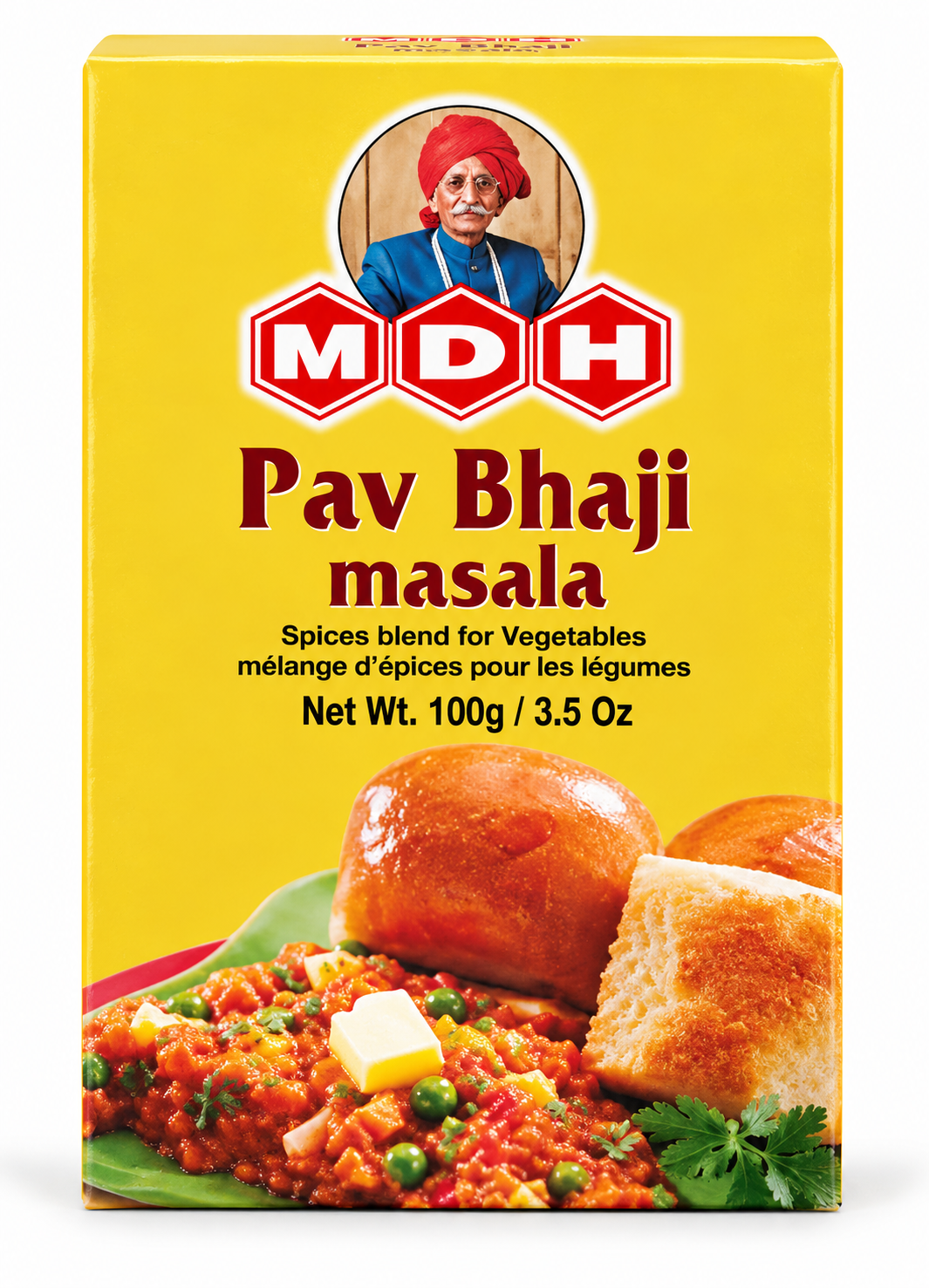 MDH Pav Bhaji Masala 100g spice blend in a bright yellow packet featuring the MDH logo and an image of pav bhaji, a popular Indian street food made with spiced mashed vegetables and bread rolls.