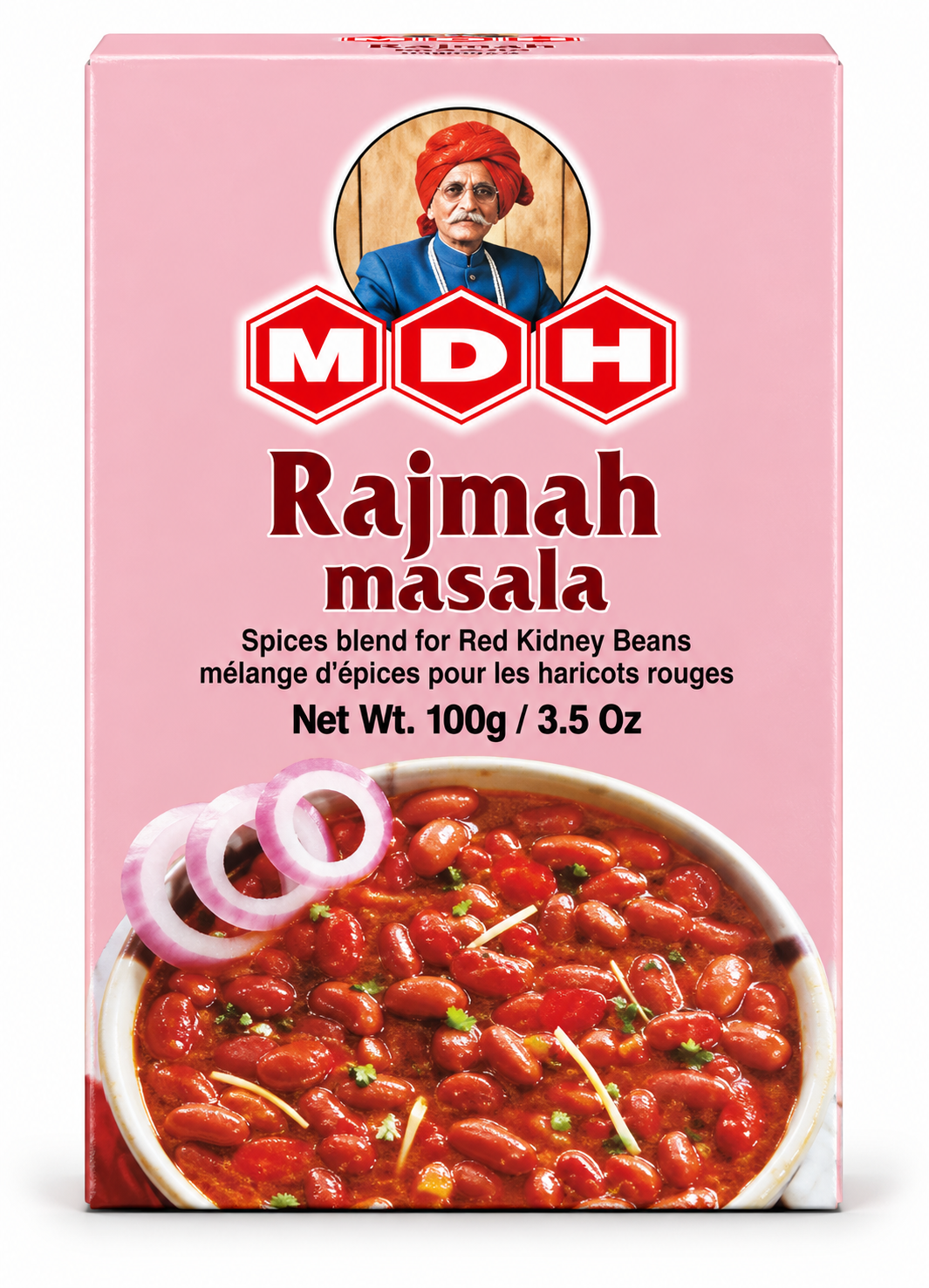 MDH Rajmah Masala 100g spice blend in a pink packet featuring the MDH logo and an image of rajma curry made with red kidney beans. This Indian spice mix is designed for preparing flavorful rajma masala, a popular kidney bean curry commonly served with rice or flatbread.