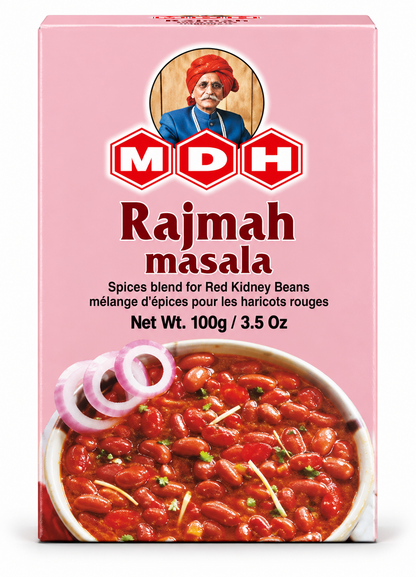 MDH Rajmah Masala 100g spice blend in a pink packet featuring the MDH logo and an image of rajma curry made with red kidney beans. This Indian spice mix is designed for preparing flavorful rajma masala, a popular kidney bean curry commonly served with rice or flatbread.