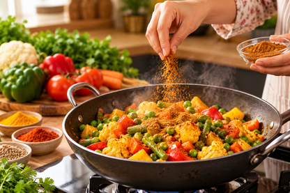 MDH Sabji Masala 100g shown with mixed vegetable curry being seasoned in a pan.