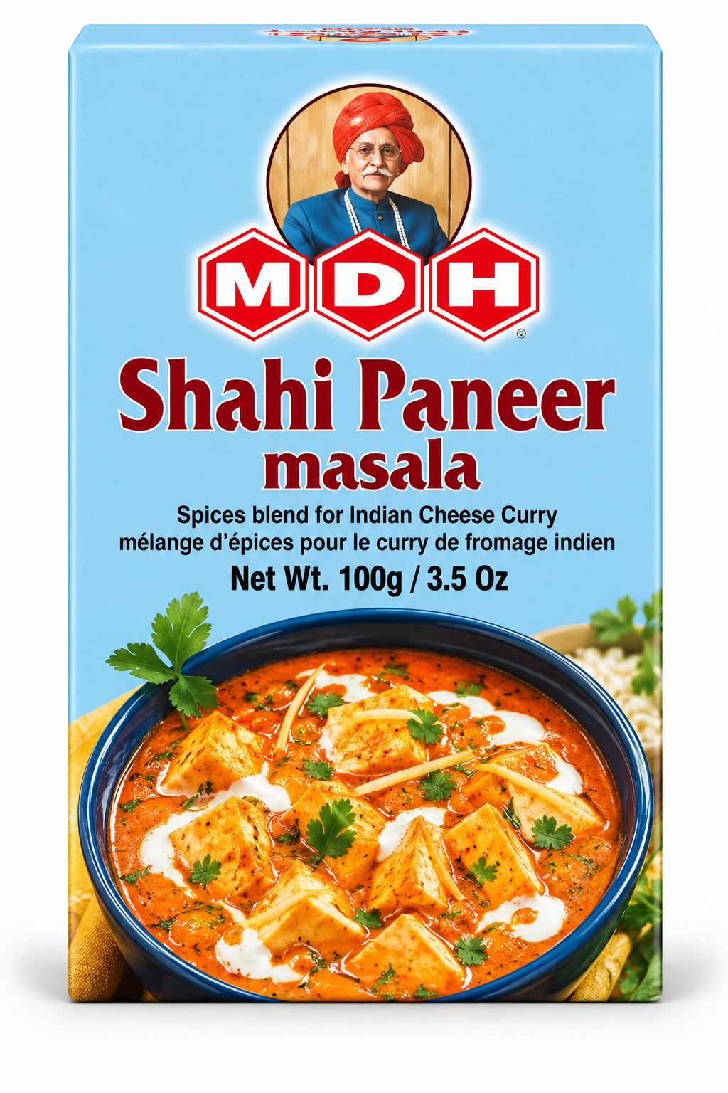 MDH Shahi Paneer Masala 100g spice mix packet featuring the MDH logo on blue packaging, with a picture of creamy orange shahi paneer curry garnished with coriander leaves and cream. This Indian spice blend is designed to add rich flavor and aroma to homemade shahi paneer and paneer curry recipes.