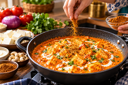 Homemade Indian shahi paneer curry simmering in a black cooking pan, prepared with paneer cubes in a rich orange tomato-based gravy, garnished with cream and fresh coriander. MDH Shahi Paneer Masala spice powder is being sprinkled over the curry to enhance its flavor and aroma, with onions, tomatoes, yogurt, spices, and other cooking ingredients arranged on the kitchen counter.