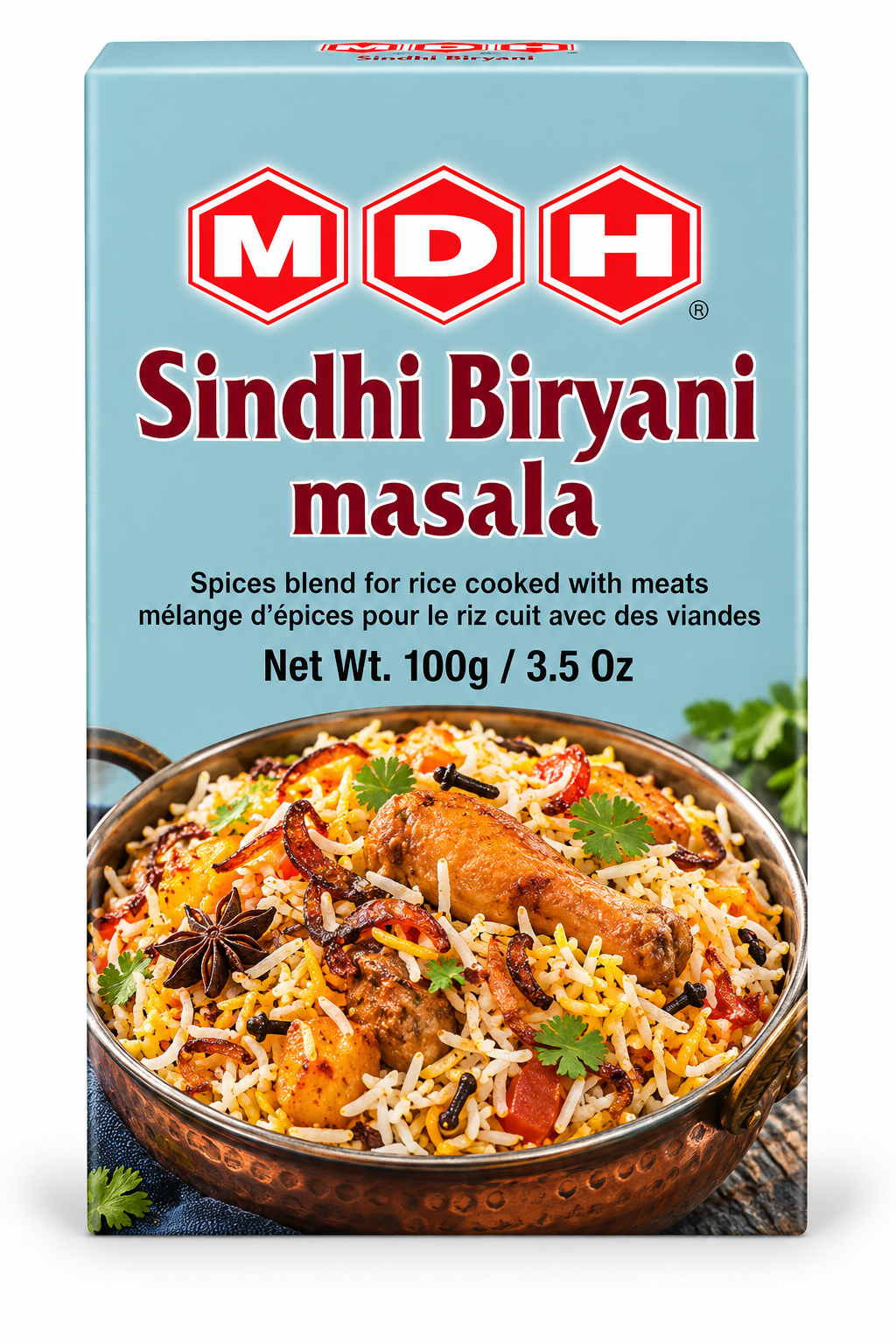 MDH Sindhi Biryani Masala 100g spice mix packet featuring the MDH logo on light blue packaging, with an image of aromatic Sindhi biryani made with long-grain rice, meat, tomatoes, fried onions, whole spices, and fresh coriander. This Indian spice blend is designed for preparing flavorful Sindhi-style biryani at home, adding a distinctive spicy aroma and rich seasoning to rice and meat dishes.