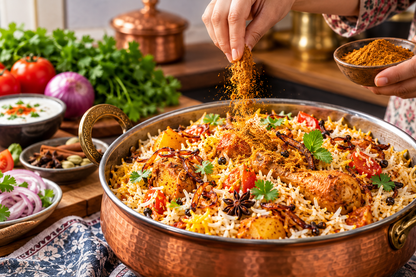 Traditional Sindhi-style biryani served in a large copper cooking pot, featuring long-grain rice, seasoned meat, tomato pieces, fried onions, fresh coriander, and whole spices. A hand sprinkles brown biryani masala seasoning over the freshly prepared rice, with bowls of sliced red onions, tomatoes, yogurt sauce, fresh herbs, and aromatic spices arranged on a rustic kitchen counter. This lifestyle image represents the use of MDH Sindhi Biryani Masala for preparing flavorful Indian biryani at home.