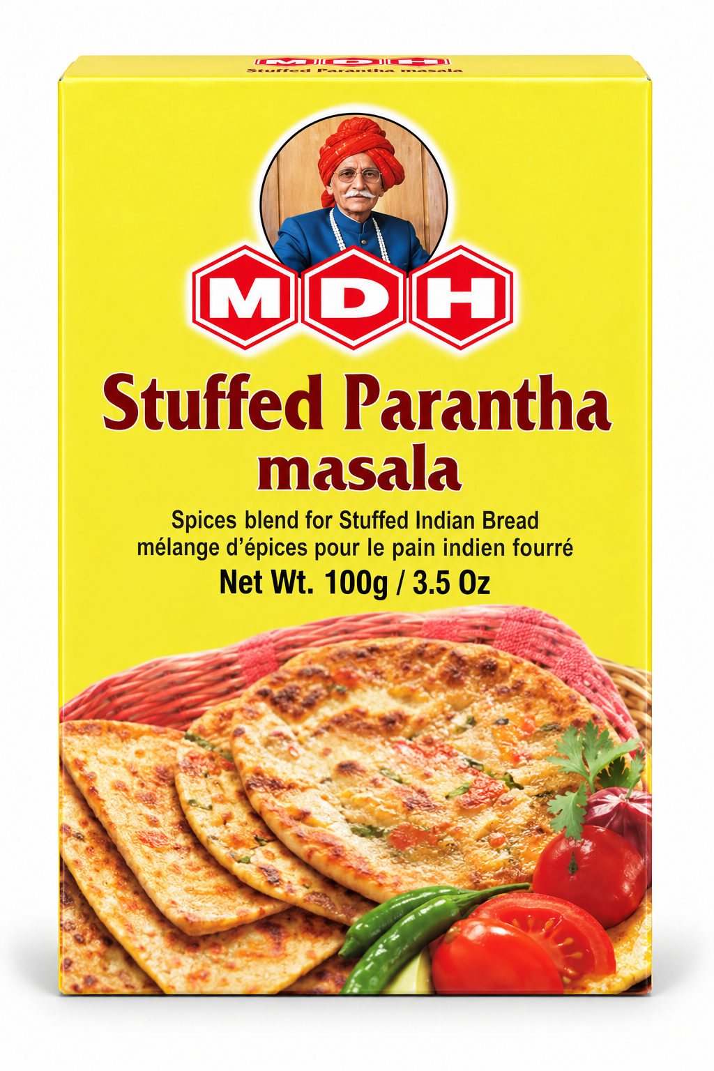 MDH Stuffed Parantha Masala 100g spice blend in a bright yellow packet featuring the MDH logo and an image of golden, stuffed Indian parathas served with fresh tomatoes, green chilies, and coriander. A traditional Indian spice mix designed to add flavor to stuffed parathas and other Indian flatbreads, ideal for homemade Indian meals and everyday cooking.