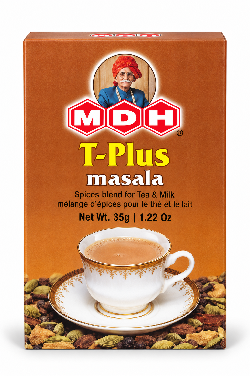MDH T-Plus Masala 35g spice blend packet in brown packaging featuring the MDH logo, yellow T-Plus Masala lettering, and an image of a cup of milk tea surrounded by aromatic whole spices, including cardamom and other traditional Indian chai spices. This tea masala blend is designed to add flavor and aroma to Indian tea and milk-based beverages.