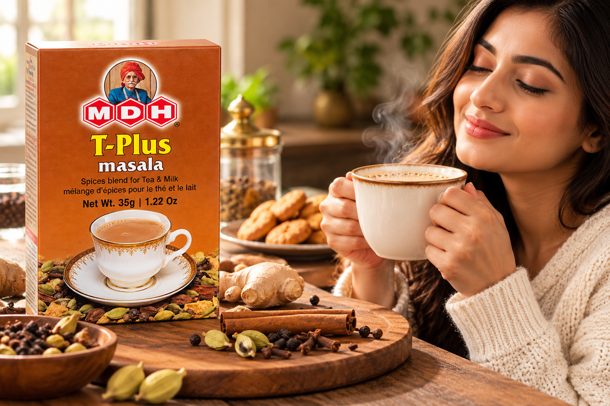 MDH T-Plus Masala spice blend displayed beside a steaming cup of Indian milk tea in a warm, inviting kitchen setting. The brown 35g masala packet is surrounded by whole spices, including green cardamom pods, cinnamon sticks, cloves, ginger, and black peppercorns, while a woman enjoys a hot cup of chai. An ideal lifestyle image for showcasing MDH T-Plus Masala for preparing aromatic Indian spiced tea at home.