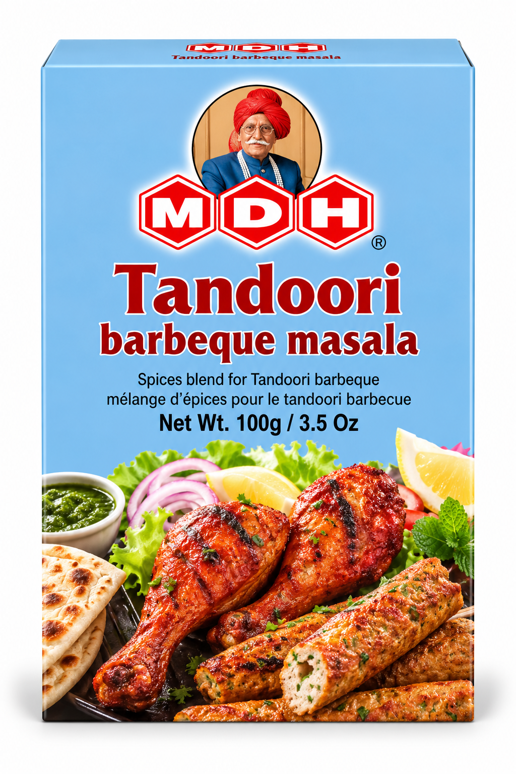 MDH Tandoori Barbecue Masala 100g spice blend packet in light blue packaging featuring the red and white MDH logo, the product name Tandoori Barbecue Masala, and an appetizing image of grilled tandoori chicken drumsticks and kebabs served with lemon wedges, fresh coriander, salad leaves, green chutney, and Indian flatbread. This Indian spice blend is designed for preparing flavorful tandoori-style barbecue dishes at home.