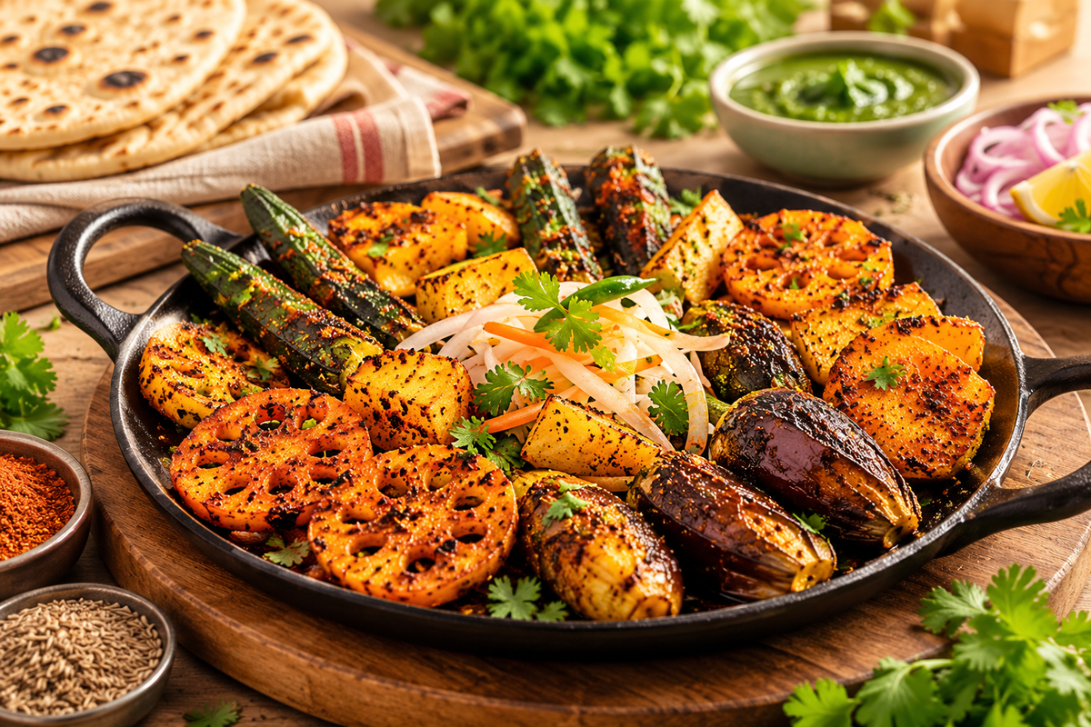 MDH Tava Fry Masala served with a colorful Indian tava-fried vegetable dish and spices.