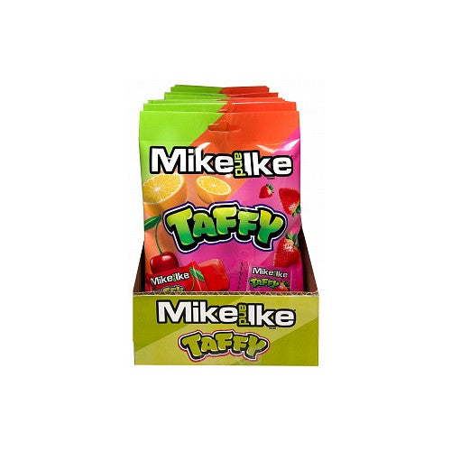 Mike & Ike Taffy 12-pack, each 108 g, featuring assorted chewy fruity candy pieces.