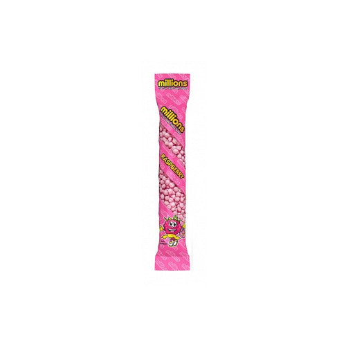 12 × 55 g tubes of Millions Raspberry – tiny, chewy, fruity candies with bold raspberry flavor.