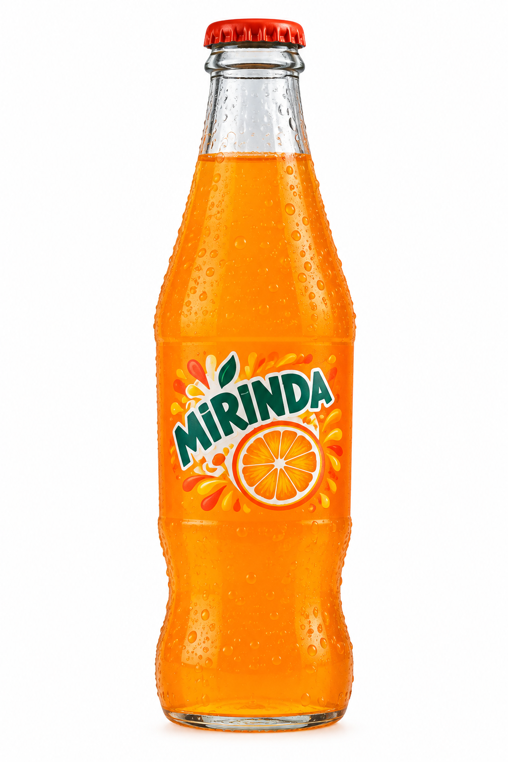 Mirinda Orange 250ml glass bottle filled with orange fizzy drink, featuring a red cap and colourful Mirinda citrus label on a clean white background.