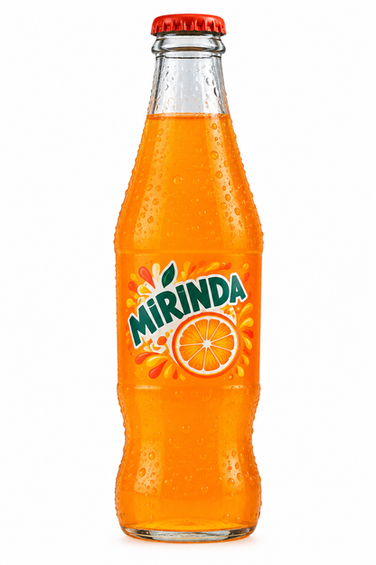 Mirinda Orange 250ml glass bottle filled with orange fizzy drink, featuring a red cap and colourful Mirinda citrus label on a clean white background.