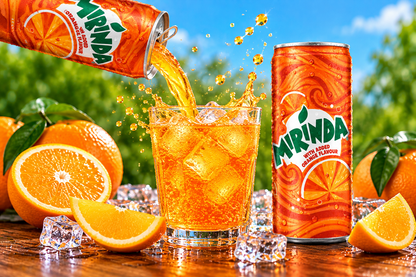 Mirinda Orange 300ml can beside a glass of chilled orange fizzy drink with ice cubes, fresh orange slices and citrus fruit.