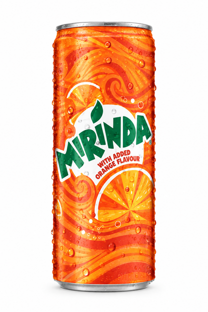 Mirinda Orange 300ml aluminium can featuring the green Mirinda logo, orange citrus graphics and silver top and base against a clean white background.