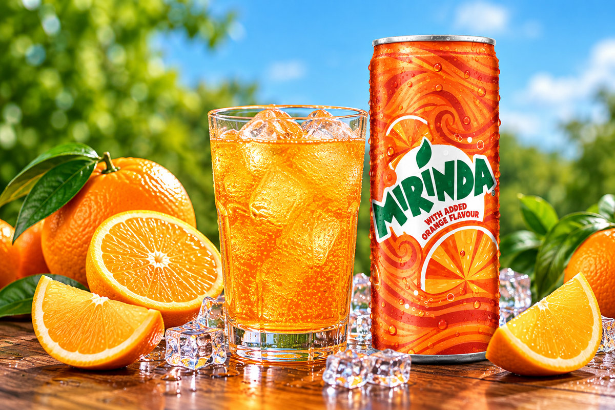 Mirinda Orange fizzy drink being poured from an orange can into an ice-filled glass, surrounded by fresh oranges, citrus slices and sparkling droplets.