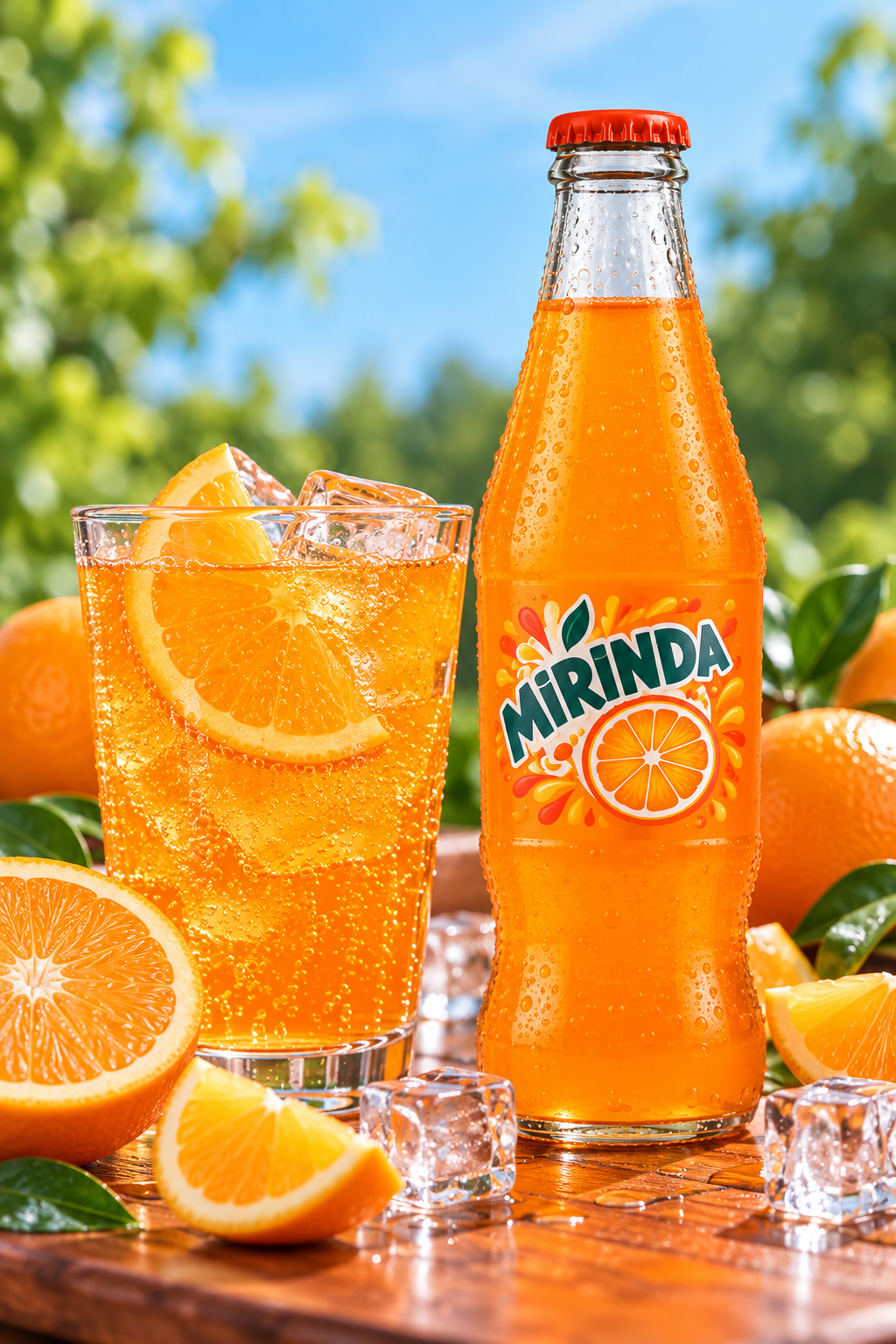 Mirinda Orange 250ml glass bottle beside a glass of chilled orange fizzy drink with ice cubes, fresh orange slices and citrus fruit.