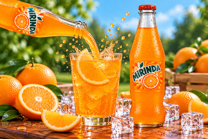 Mirinda Orange soft drink being poured from a glass bottle into an ice-filled glass, surrounded by fresh oranges, citrus slices and sparkling droplets.