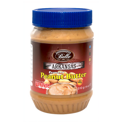 Jar of Mississippi Belle Chunky Peanut Butter with a spoonful scooped out, showcasing its rich, chunky texture.