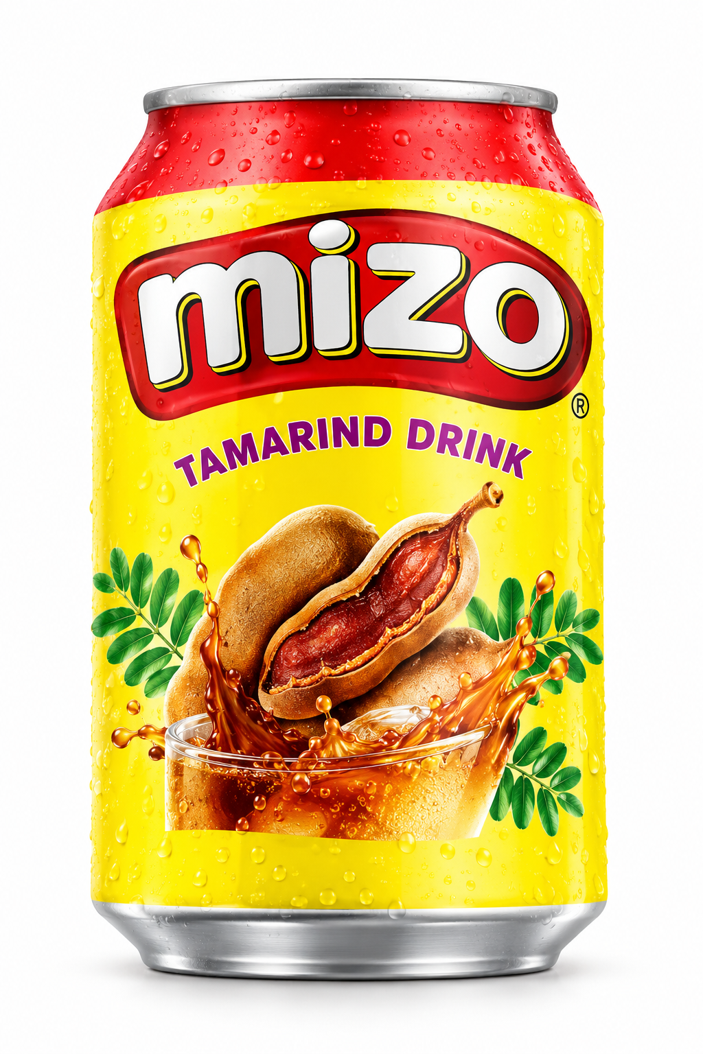 Mizo Tamarind Drink can featuring bright yellow and red packaging, tamarind fruit illustrations and bold Mizo branding on a white background.