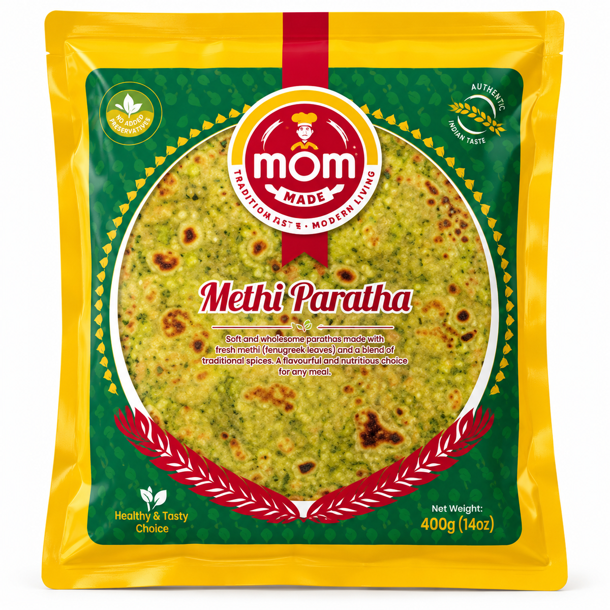 Mom Made Methi Paratha 400g pouch featuring bright yellow and green packaging, the red Mom Made logo, and an image of golden paratha with fenugreek leaves and traditional spices, displayed against a clean white background.