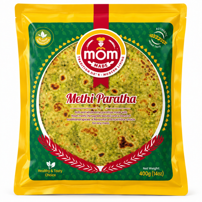 Mom Made Methi Paratha 400g pouch featuring bright yellow and green packaging, the red Mom Made logo, and an image of golden paratha with fenugreek leaves and traditional spices, displayed against a clean white background.