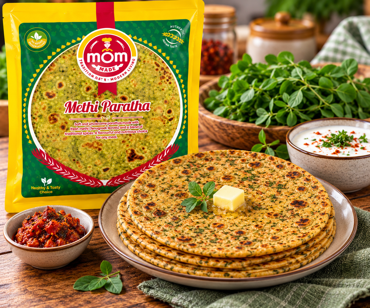 Mom Made Methi Paratha 400g packet displayed beside a stack of golden fenugreek parathas topped with butter, served with chutney and yoghurt dip, with fresh methi leaves on a rustic wooden table.