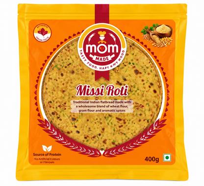 Mom Made Missi Roti 400g in orange and yellow packaging featuring the Mom Made logo, Missi Roti branding and an image of traditional Indian flatbread.