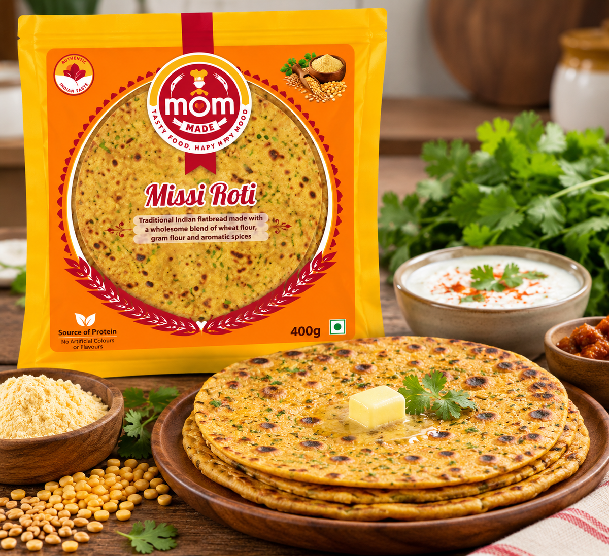 Mom Made Missi Roti 400g packet displayed beside a plate of golden, herb-speckled missi rotis topped with butter, served with yoghurt raita, pickle, fresh coriander and gram flour on a wooden table.