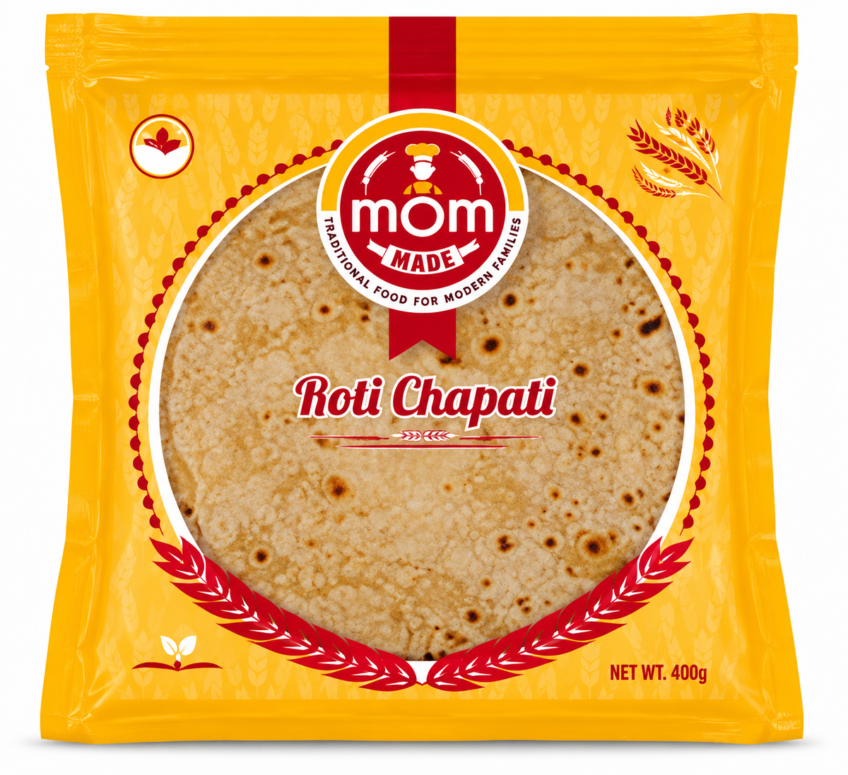 Mom Made Roti Chapati 400g pack with bright yellow and red packaging, Mom Made logo, wheat graphics and a picture of traditional golden-brown roti.