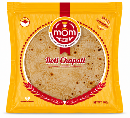 Mom Made Roti Chapati 400g pack with bright yellow and red packaging, Mom Made logo, wheat graphics and a picture of traditional golden-brown roti.