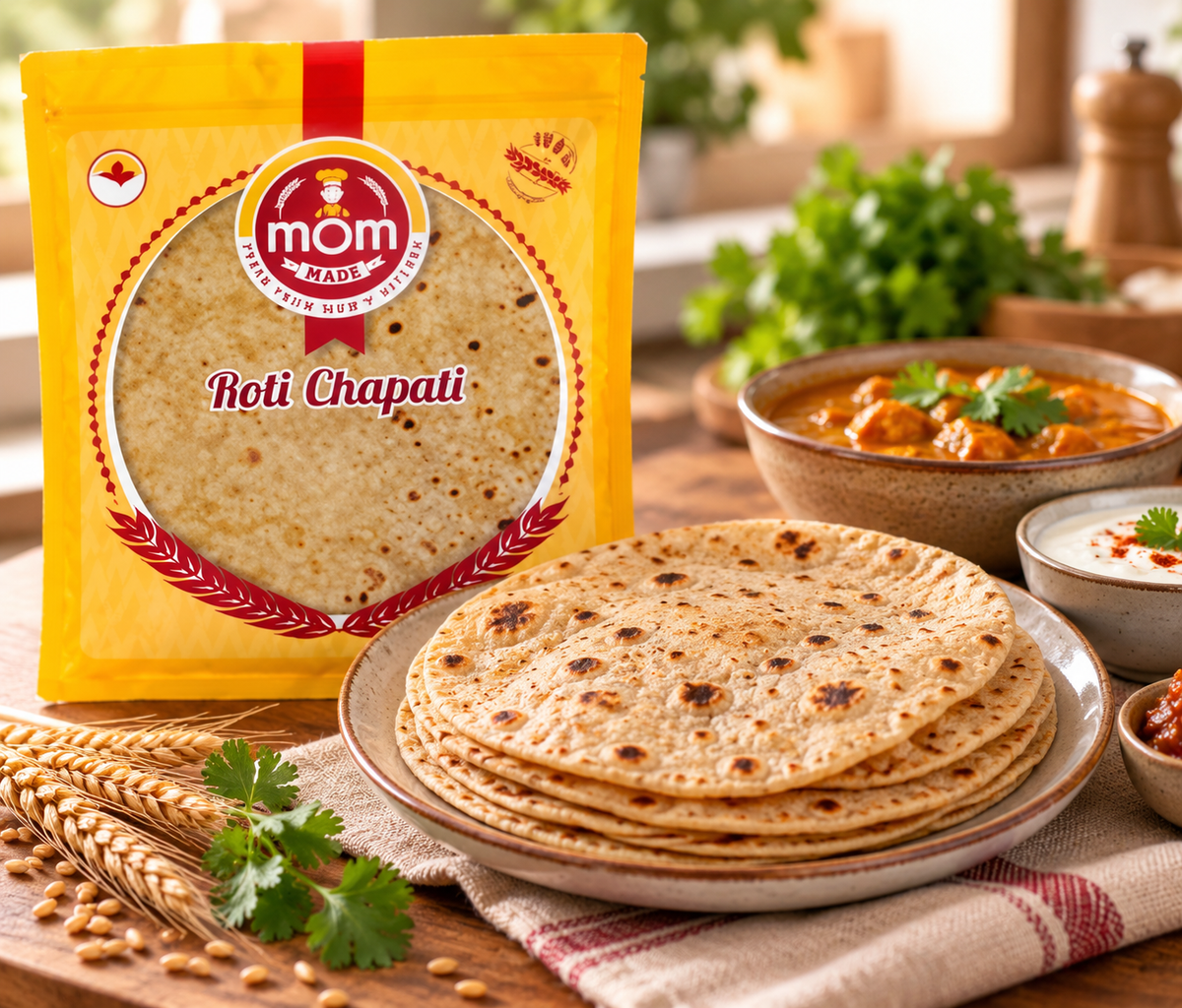 Mom Made Roti Chapati 400g pack displayed beside a stack of soft, golden-brown rotis served with Indian curry, yoghurt and pickle on a rustic wooden table.