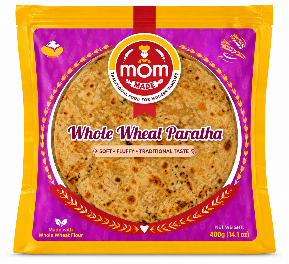 Mom Made Whole Wheat Paratha 400g frozen food pack with yellow and purple packaging, Mom Made logo and a picture of golden-brown whole wheat paratha.